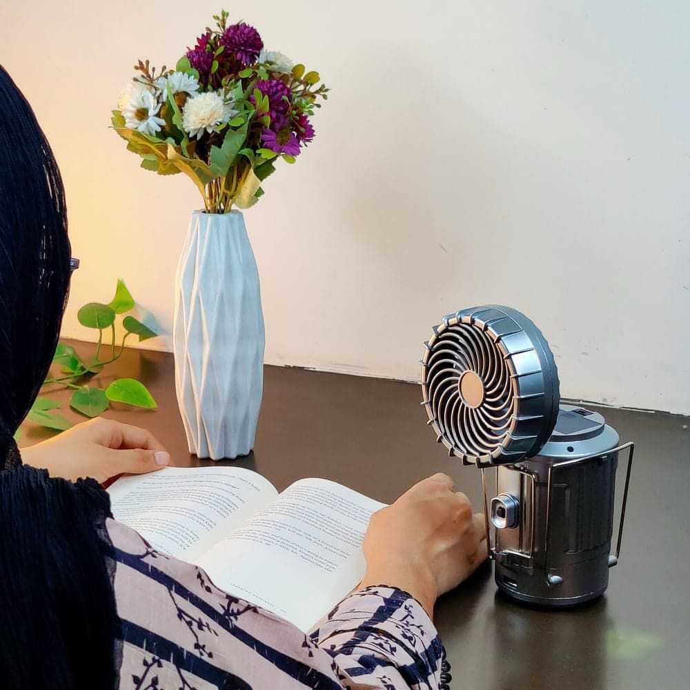 6-in-1 Portable Camping Lantern – Solar Rechargeable LED Light with Fan